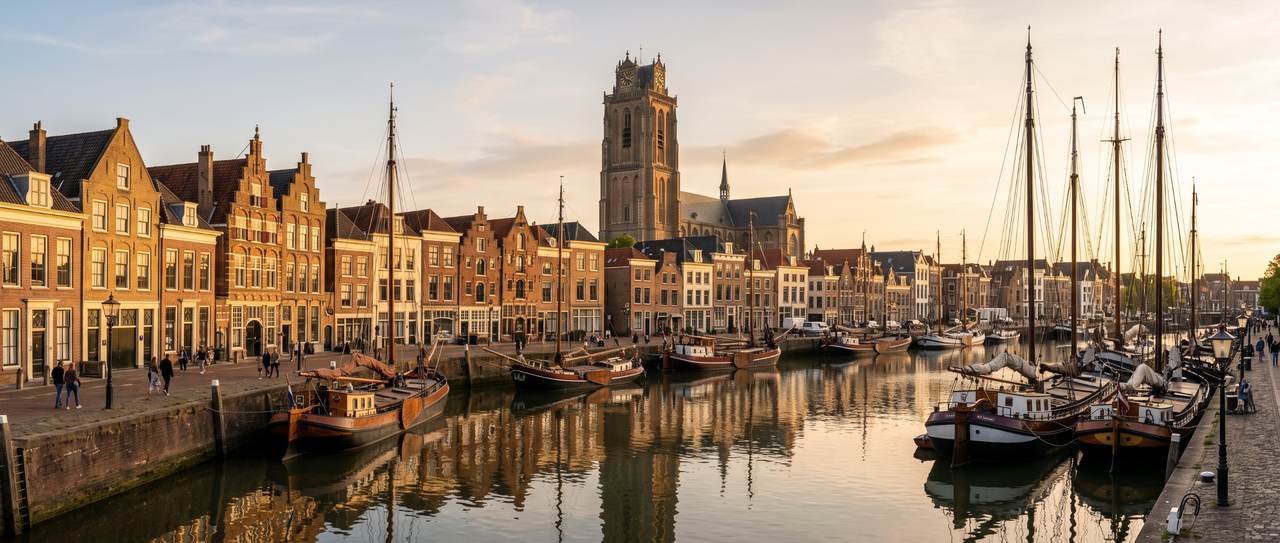 Monumentale panden aan de historische haven van Dordrecht met de Grote Kerk