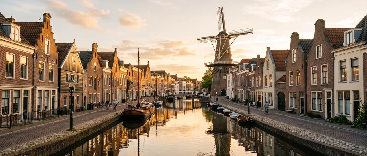 Gracht in het centrum van Schiedam met historische panden en een molen